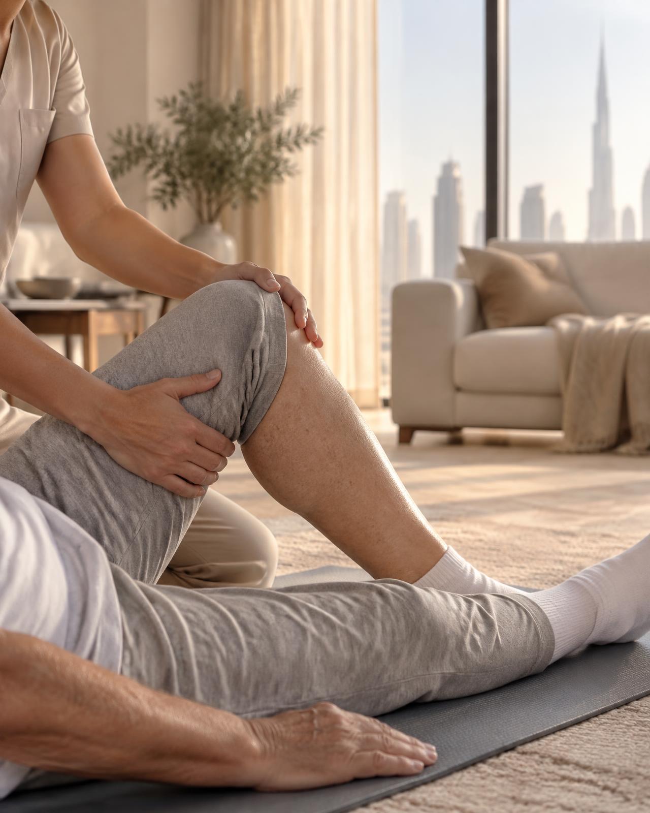 A physiotherapist guiding a knee stretch on a mat in a sunlit Dubai apartment